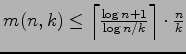 $ m(n,k)\leq\left\lceil\frac{\log n+1}{\log n/k}\right\rceil\cdot\frac nk$