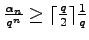 $ \frac{\alpha_n}{q^n}\geq \lceil\frac q2\rceil\frac 1q$