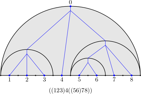 Partially parenthesized words, rooted plane trees, non-crossing intervals. A diagram illustrating a 3-fold dictionary (parenthesized words, trees, non-crossing polygon diagonals)